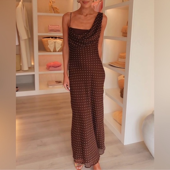 Zara Dresses & Skirts - ZARA Brown Draped Neck Polka Dot Maxi Dress